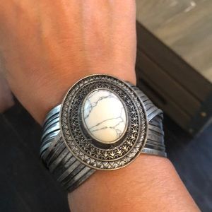 Boho Silver Tone White Stone Cuff Bracelet